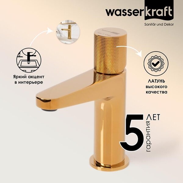 Смеситель для раковины Wasserkraft Ems, золото глянцевое, 7603