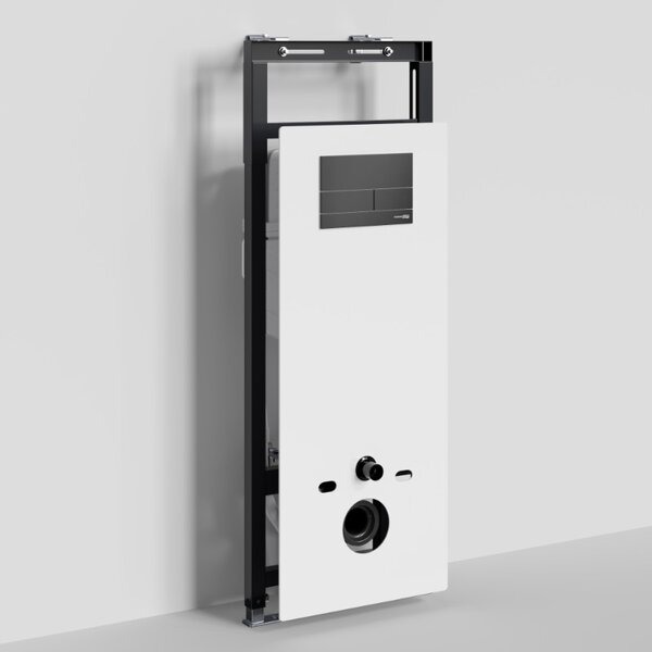 Инсталляция для унитаза Wasserkraft Salm 27TLT.010.ME.WH.MB04, декоративная стеклянная панель белая, механическая кнопка смыва черная матовая