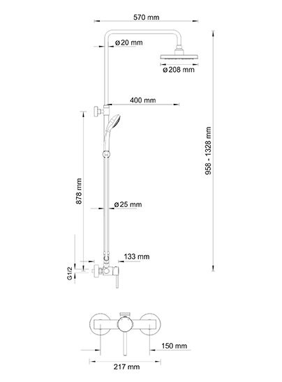Душевая стойка Wasserkraft A12202, верхний душ 20 см, хром