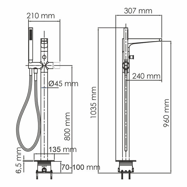 Смеситель для ванны и душа Wasserkraft Sauer Sauer, напольный, с душевым гарнитуром, золото, 7121