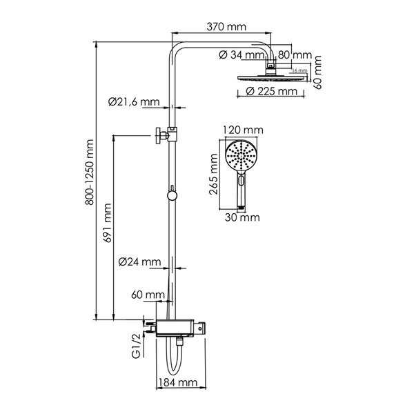 Душевая стойка Wasserkraft, с изливом, цвет - хром, A113.067.127.CH Thermo